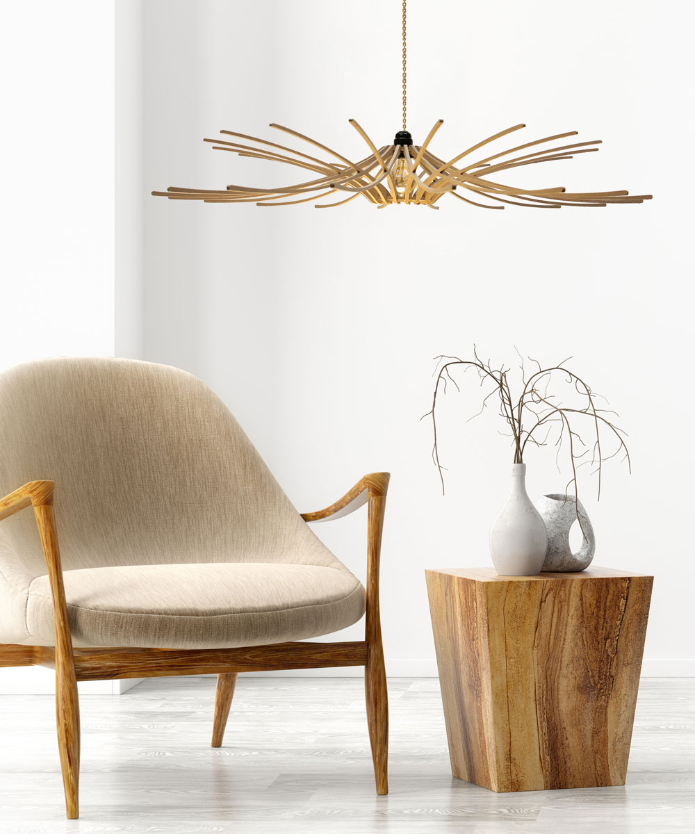 La suspension design Sunny en bois recyclé à retrouver au salon Maison et Objet 2021.
