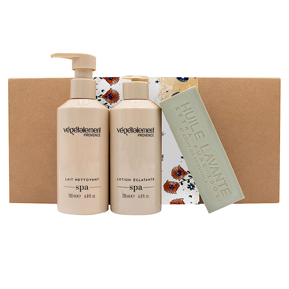 Shopping clean cosmétiques avec le coffret lait nettoyant et lotion éclatante spa et savon huile lavante de Végétalement Provence.