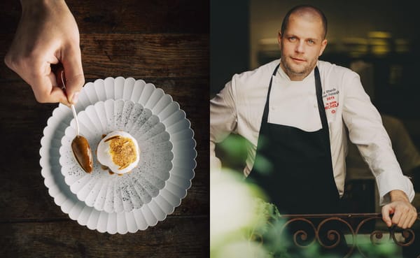 Poires noires et guimauves par Florent Pietravalle, chef de La Mirande à Avignon.