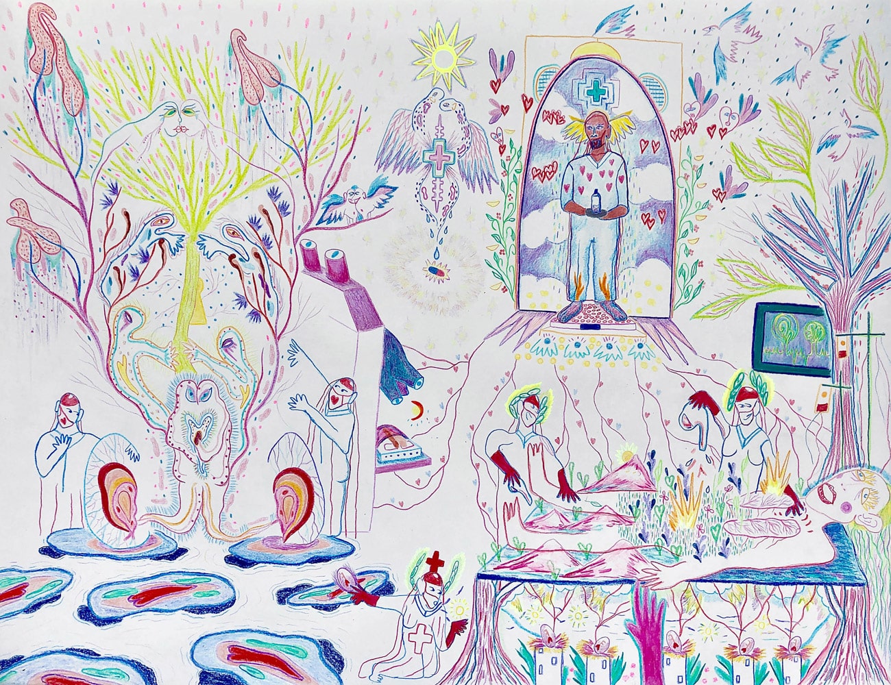 Villa-Noailles-Hyeres-Valentin-Ranger,-L'hôpital,-crayon-de-couleur-et-pastels,-50x75-cm,-2020