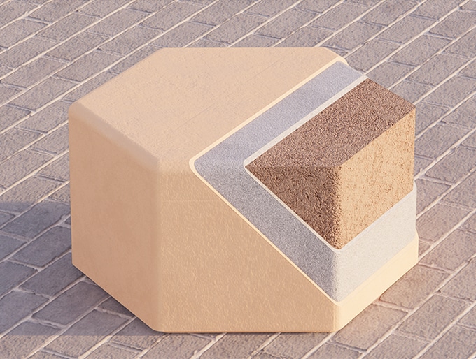 Le prototype « Hemp-Clay-Lime Urban Seating » de Smarin, trois couches béton de Chanvre, plâtre à la chaux et au sable, et finition à la chaux.